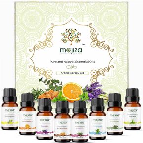 مجموعة هدايا الزيوت العطرية النقية للعلاج العطري من موجيزا، 8 زيوت - اللافندر، شجرة الشاي، النعناع، ​​اللبان، إكليل الجبل، البرتقال الحلو، عشبة الليمون، الأوكالبتوس، 10 مل لكل منها كوشير معتمد، نباتي ولم يتم الإساءة إلى الحيوانات لتصنيعه. in Kuwait