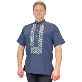 بولو بارونج تاغالوغ قطني بأكمام قصيرة باللون الأزرق الداكن للرجال - قميص رسمي وكاجوال، مقاسات أمريكية in Kuwait