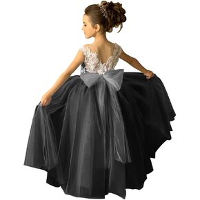 Lace Applique Tulle Flower Girl Dress for Wedding Sleeveless Long Satin Bow Knot V-Back Elegant Formal Dresses in Kuwait