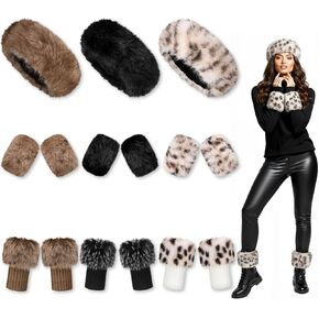 9 Pcs 3 Color Faux Fur Headband Set with Furry Leg Warmers Winter Fuzzy Wrist Cuff for Women in Saudi Arabia