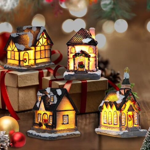 4 قطع صغيرة من مباني قرية عيد الميلاد الصغيرة من الراتنج لتزيين طاولة عيد الميلاد وفانوس عيد الميلاد مع ضوء LED in Kuwait