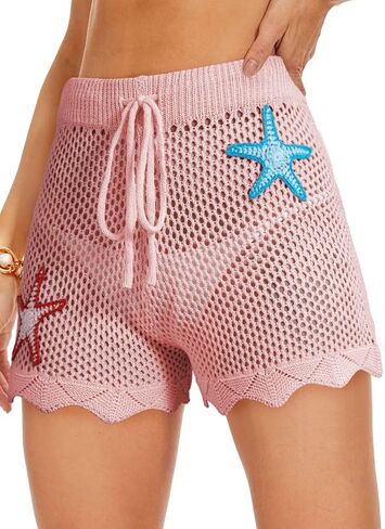 Dokotoo Womens Swim Shorts 2026 Embroidery Color Block Crochet Hollow Out High Waist Drawstring Beach Shorts Beach Cover Up in Saudi Arabia
