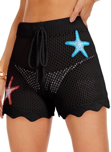 Dokotoo Womens Swim Shorts 2026 Embroidery Color Block Crochet Hollow Out High Waist Drawstring Beach Shorts Beach Cover Up in Saudi Arabia