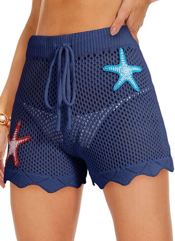 Dokotoo Womens Swim Shorts 2026 Embroidery Color Block Crochet Hollow Out High Waist Drawstring Beach Shorts Beach Cover Up in Saudi Arabia