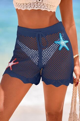 Dokotoo Womens Swim Shorts 2026 Embroidery Color Block Crochet Hollow Out High Waist Drawstring Beach Shorts Beach Cover Up in Saudi Arabia