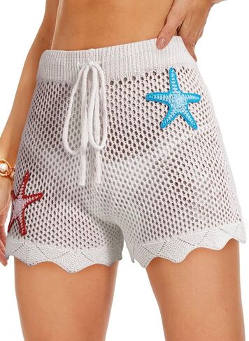Dokotoo Womens Swim Shorts 2026 Embroidery Color Block Crochet Hollow Out High Waist Drawstring Beach Shorts Beach Cover Up in Saudi Arabia