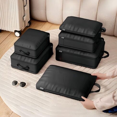 6 Set Compression Packing Cubes, Lightweight & Space-Saving Vacation Travel Essentials, Durable Various Sizes Packing Organizer with Zippers Shoe Bag for Suitcase Carry On Luggage, Black in Saudi Arabia