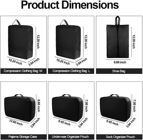 6 Set Compression Packing Cubes, Lightweight & Space-Saving Vacation Travel Essentials, Durable Various Sizes Packing Organizer with Zippers Shoe Bag for Suitcase Carry On Luggage, Black in Saudi Arabia