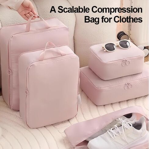 6 Set Compression Packing Cubes, Lightweight & Space-Saving Vacation Travel Essentials, Durable Various Sizes Packing Organizer with Zippers Shoe Bag for Suitcase Carry On Luggage, Black in Saudi Arabia