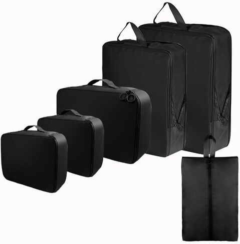 6 Set Compression Packing Cubes, Lightweight & Space-Saving Vacation Travel Essentials, Durable Various Sizes Packing Organizer with Zippers Shoe Bag for Suitcase Carry On Luggage, Black in Saudi Arabia