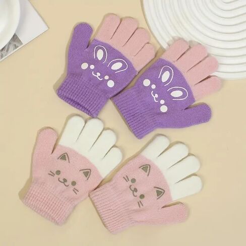 2 Pairs Cute Cat and Bunny Knit Gloves, Winter Stretchy Knit Gloves for Boys Girls, Pink and Purple, Perfect for Fall or Winter, for Daily Outings, Casual Events in Saudi Arabia