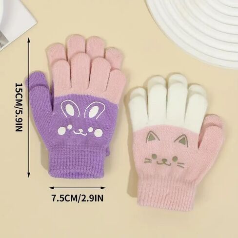 2 Pairs Cute Cat and Bunny Knit Gloves, Winter Stretchy Knit Gloves for Boys Girls, Pink and Purple, Perfect for Fall or Winter, for Daily Outings, Casual Events in Saudi Arabia