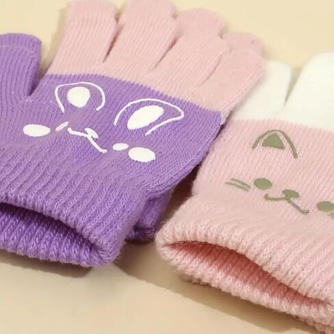 2 Pairs Cute Cat and Bunny Knit Gloves, Winter Stretchy Knit Gloves for Boys Girls, Pink and Purple, Perfect for Fall or Winter, for Daily Outings, Casual Events in Saudi Arabia