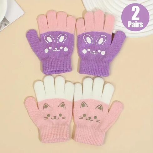 2 Pairs Cute Cat and Bunny Knit Gloves, Winter Stretchy Knit Gloves for Boys Girls, Pink and Purple, Perfect for Fall or Winter, for Daily Outings, Casual Events in Saudi Arabia