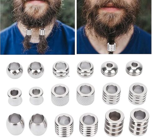 18Pcs Beard Beads for Men, 9 Styles Stainless Steel Hair Beads, Silver Beard Ornaments Clips, DIY Beard Jewelry for Men Beard Weaving, Braid Hair, Baubles Accessories in Saudi Arabia