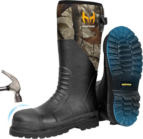 Rubber Work Boots, Puncture-Proof with Steel Toe & Shank, Lightweight Waterproof Anti Slip EVA Outsole Hunting Boots for Men, 6mm Neoprene for Construction, Manufacturing or Farming(Size 6-14) in Kuwait