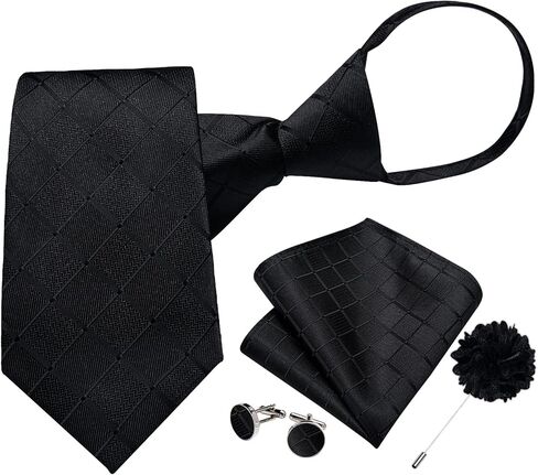 DiBanGu Mens Zipper Tie,Silk Paisley Solid Plaid Pre-tied Tie and Pocket Square Set Formal Adjustable Necktie with Lapel Pin in Saudi Arabia