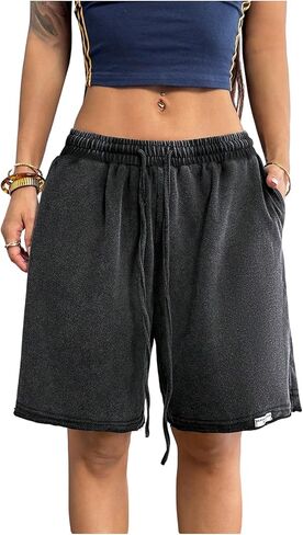 OYOANGLE Women's Sweat Shorts Washed Drawstring Waist Letter Patched Wide Leg Shorts with Pockets in Saudi Arabia