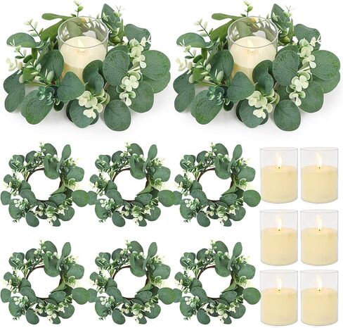 Eucalyptus Candle Rings with Flameless Candles Sets - 6 Set of Artificial Eucalyptus Greenery Table Centerpiece Wreaths 3 Inch Pillar Candleholders for Wedding Baby Shower Party Decor(6 Set) in Saudi Arabia