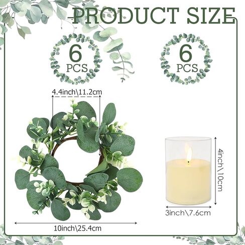 Eucalyptus Candle Rings with Flameless Candles Sets - 6 Set of Artificial Eucalyptus Greenery Table Centerpiece Wreaths 3 Inch Pillar Candleholders for Wedding Baby Shower Party Decor(6 Set) in Saudi Arabia