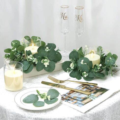 Eucalyptus Candle Rings with Flameless Candles Sets - 6 Set of Artificial Eucalyptus Greenery Table Centerpiece Wreaths 3 Inch Pillar Candleholders for Wedding Baby Shower Party Decor(6 Set) in Saudi Arabia