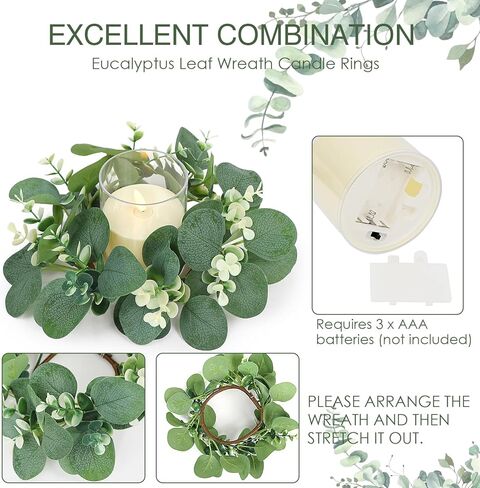 Eucalyptus Candle Rings with Flameless Candles Sets - 6 Set of Artificial Eucalyptus Greenery Table Centerpiece Wreaths 3 Inch Pillar Candleholders for Wedding Baby Shower Party Decor(6 Set) in Saudi Arabia