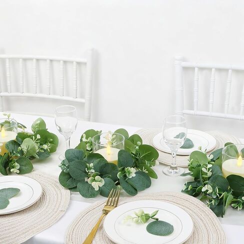 Eucalyptus Candle Rings with Flameless Candles Sets - 6 Set of Artificial Eucalyptus Greenery Table Centerpiece Wreaths 3 Inch Pillar Candleholders for Wedding Baby Shower Party Decor(6 Set) in Saudi Arabia