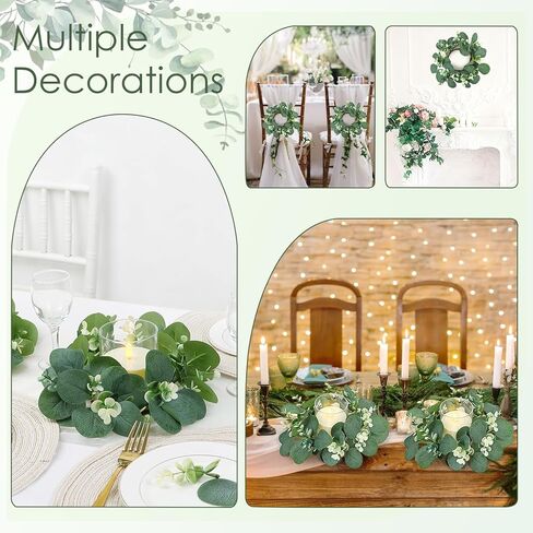 Eucalyptus Candle Rings with Flameless Candles Sets - 6 Set of Artificial Eucalyptus Greenery Table Centerpiece Wreaths 3 Inch Pillar Candleholders for Wedding Baby Shower Party Decor(6 Set) in Saudi Arabia
