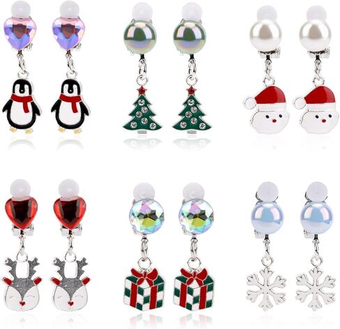 6 Pairs Christmas Clip On Earrings, Cute Holiday Earrings Set Snowflakes Bow Heart Bow Pearls Rhinestone Ball Ear Clips Christmas Jewelry for Women Gift in Kuwait