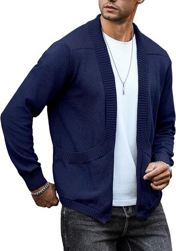 سترة صوفية متماسكة بأكمام طويلة وياقة شال للرجال مفتوحة من الأمام مع جيوب in Kuwait