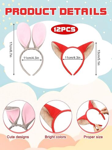 12 Pcs Orange Fox and Grayish Pink Rabbit Ear Headbands Bulk Halloween Costume Party Supplies Hairband for Cosplay in Saudi Arabia