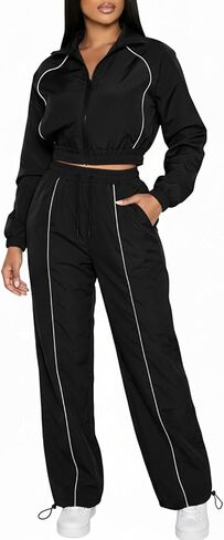Akmipoem Track Suits for Women Set 2 Piece Zip Up Cropped Windbreaker Jacket and High Waisted Wide Leg Pants in Saudi Arabia