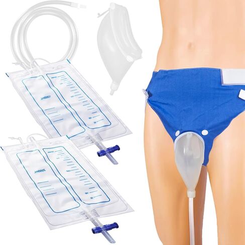 Wearable Urine Collector for Men with External Catheter, Reusable Silicone Catching Capsule with Breathable Fixing Pants, Daytime 1000ml and Nighttime 2000ml Urinary Bags, Elderly Men Blue in Saudi Arabia