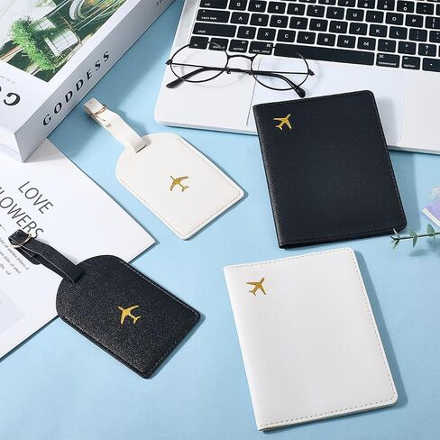 2 Set Mr and Mrs PU Leather Passport Covers Luggage Tags Honeymoon Plane Travel Holder Set Card Holder Books Case Protector Sleeve with Suitcase Travel ID Labels Black White for Couples Gift in Saudi Arabia