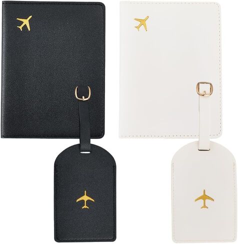 2 Set Mr and Mrs PU Leather Passport Covers Luggage Tags Honeymoon Plane Travel Holder Set Card Holder Books Case Protector Sleeve with Suitcase Travel ID Labels Black White for Couples Gift in Saudi Arabia