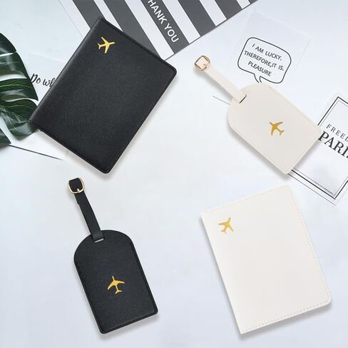 2 Set Mr and Mrs PU Leather Passport Covers Luggage Tags Honeymoon Plane Travel Holder Set Card Holder Books Case Protector Sleeve with Suitcase Travel ID Labels Black White for Couples Gift in Saudi Arabia
