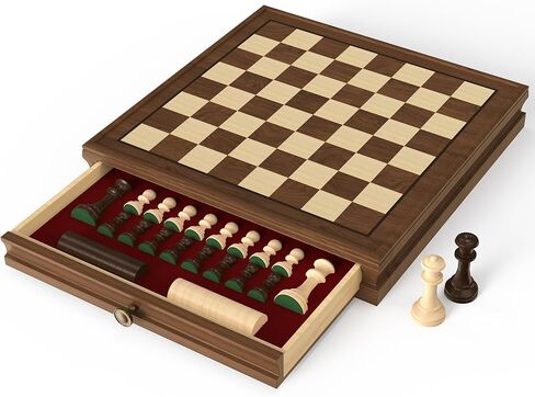 Premium Natural Walnut 15" Magnetic Wooden Folding Chess & Checkers Set- 2 in 1 Board Game with 3" King Staunton Pieces and 2 Extra Queens, Checkers, and Dust-Proof Storage Bag (Black) in Saudi Arabia