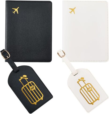 2 Set Mr and Mrs PU Leather Passport Covers Luggage Tags Honeymoon Plane Travel Holder Set Card Holder Books Case Protector Sleeve with Suitcase Travel ID Labels Black White for Couples Gift in Saudi Arabia