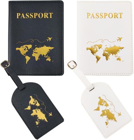2 Set Mr and Mrs PU Leather Passport Covers Luggage Tags Honeymoon Plane Travel Holder Set Card Holder Books Case Protector Sleeve with Suitcase Travel ID Labels Black White for Couples Gift in Saudi Arabia