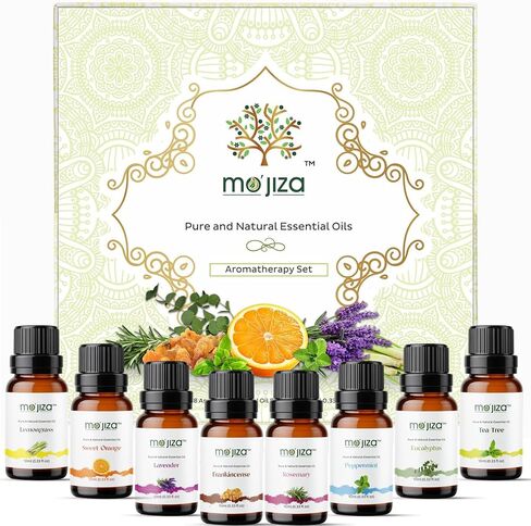 مجموعة هدايا الزيوت العطرية النقية للعلاج العطري من موجيزا، 8 زيوت - اللافندر، شجرة الشاي، النعناع، ​​اللبان، إكليل الجبل، البرتقال الحلو، عشبة الليمون، الأوكالبتوس، 10 مل لكل منها كوشير معتمد، نباتي ولم يتم الإساءة إلى الحيوانات لتصنيعه. in Kuwait