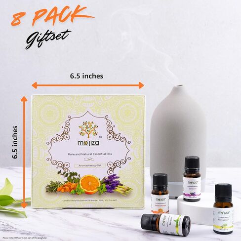 مجموعة هدايا الزيوت العطرية النقية للعلاج العطري من موجيزا، 8 زيوت - اللافندر، شجرة الشاي، النعناع، ​​اللبان، إكليل الجبل، البرتقال الحلو، عشبة الليمون، الأوكالبتوس، 10 مل لكل منها كوشير معتمد، نباتي ولم يتم الإساءة إلى الحيوانات لتصنيعه. in Kuwait