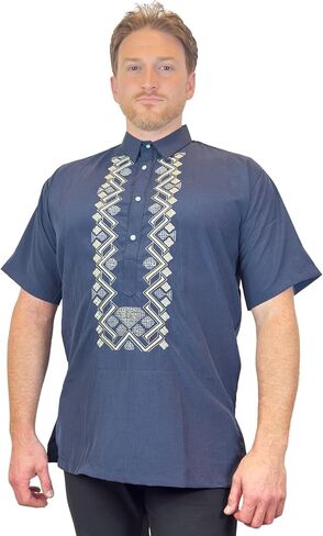 Navy Short Sleeve Cotton Polo Barong Tagalog for Men – Formal & Casual Dress Shirt, US Sizes in Kuwait