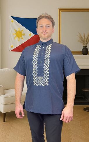 Navy Short Sleeve Cotton Polo Barong Tagalog for Men – Formal & Casual Dress Shirt, US Sizes in Kuwait