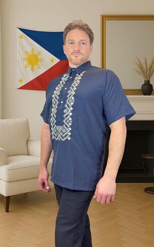 Navy Short Sleeve Cotton Polo Barong Tagalog for Men – Formal & Casual Dress Shirt, US Sizes in Kuwait