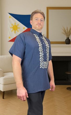 Navy Short Sleeve Cotton Polo Barong Tagalog for Men – Formal & Casual Dress Shirt, US Sizes in Kuwait