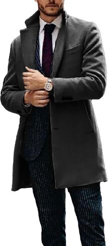SOMTHRON Men's Trench Coat Slim Fit Single Breasted Notched Lapel Mid Long Jacket Pea Coat Winter Business Overcoat in Saudi Arabia