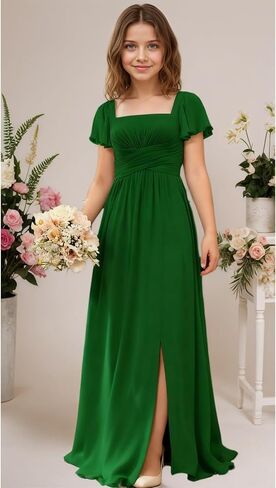 Junior Bridesmaid Dresses with Sleeves for Teen Girls Square Neck Chiffon Kids Formal Dress for Wedding Guest in Saudi Arabia