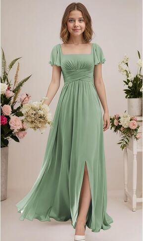 Junior Bridesmaid Dresses with Sleeves for Teen Girls Square Neck Chiffon Kids Formal Dress for Wedding Guest in Saudi Arabia