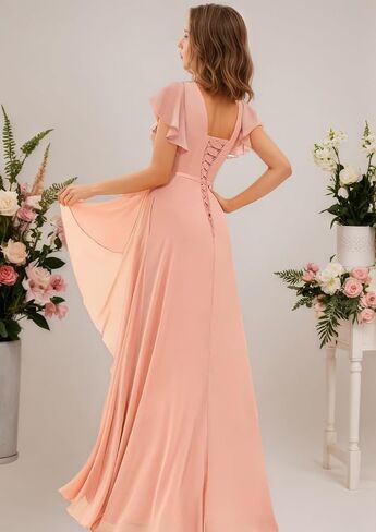 Junior Bridesmaid Dresses with Sleeves for Teen Girls Square Neck Chiffon Kids Formal Dress for Wedding Guest in Saudi Arabia