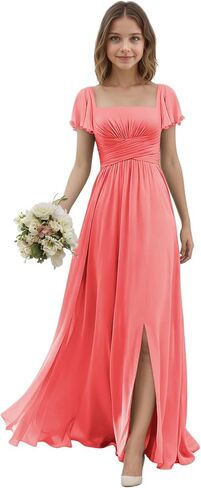 Junior Bridesmaid Dresses with Sleeves for Teen Girls Square Neck Chiffon Kids Formal Dress for Wedding Guest in Saudi Arabia